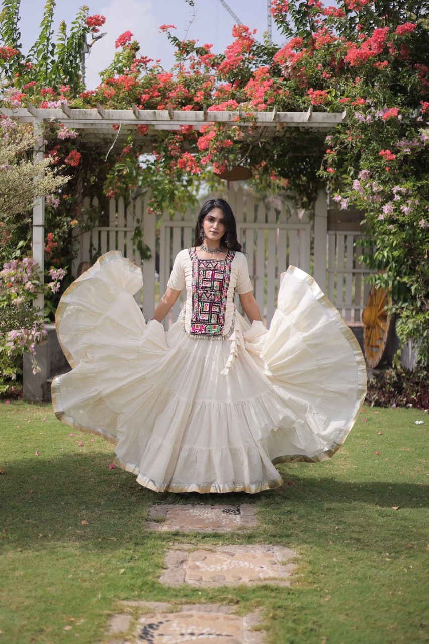 Garba Rang Designer Kora Cotton Kutchi Patchwork Navratri Lehenga Set