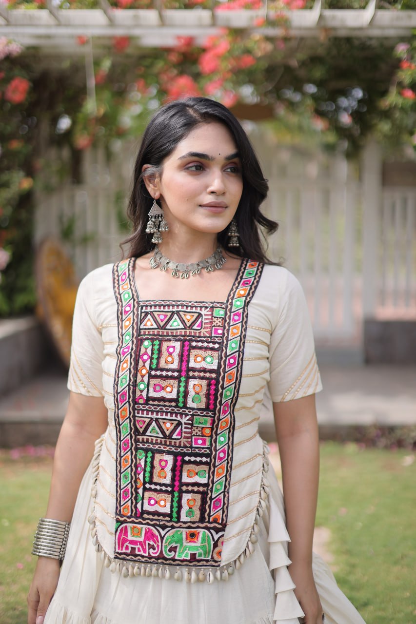 Garba Rang Designer Kora Cotton Kutchi Patchwork Navratri Lehenga Set