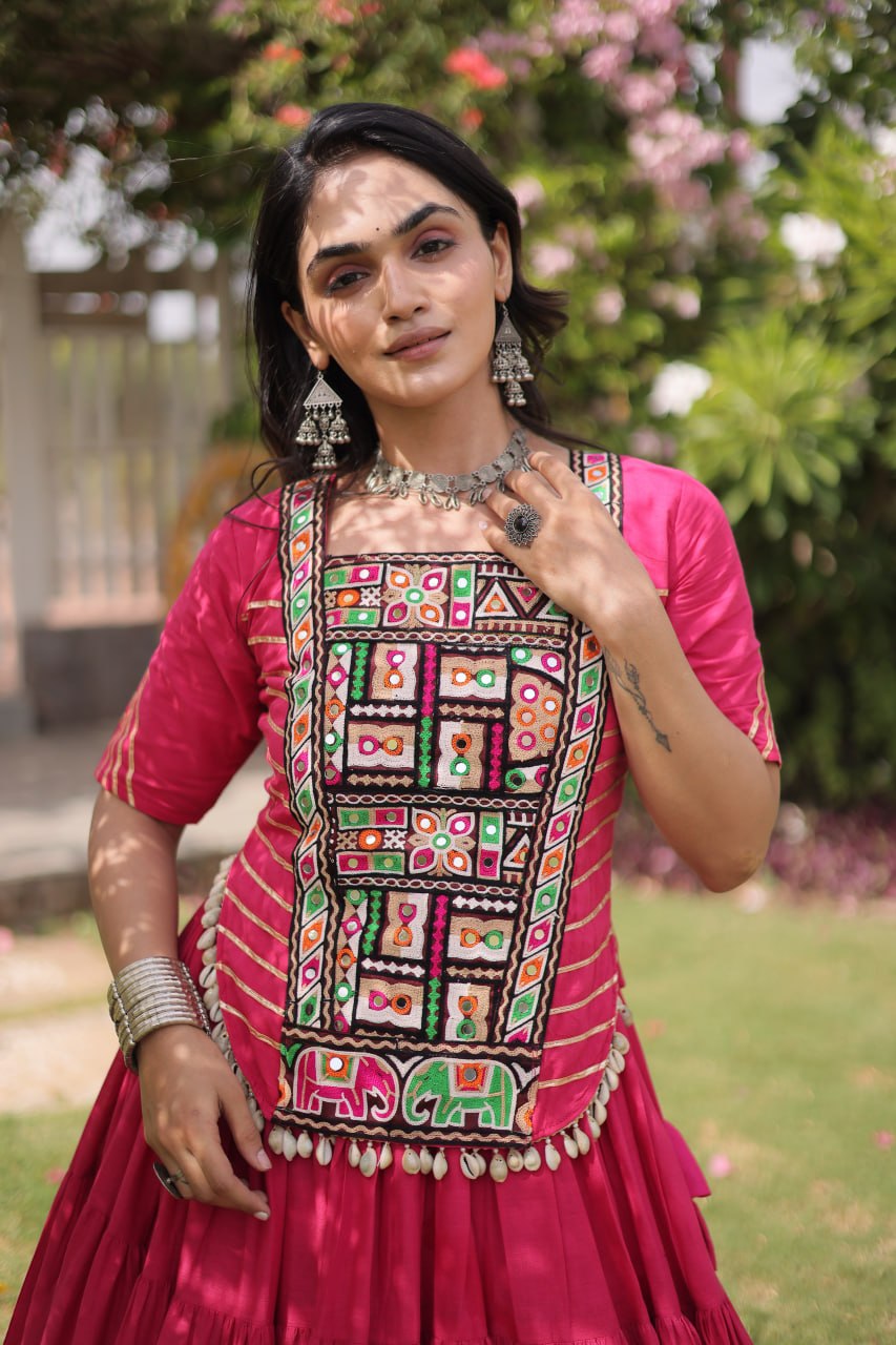 Garba Rang Designer Kora Cotton Kutchi Patchwork Navratri Lehenga Set