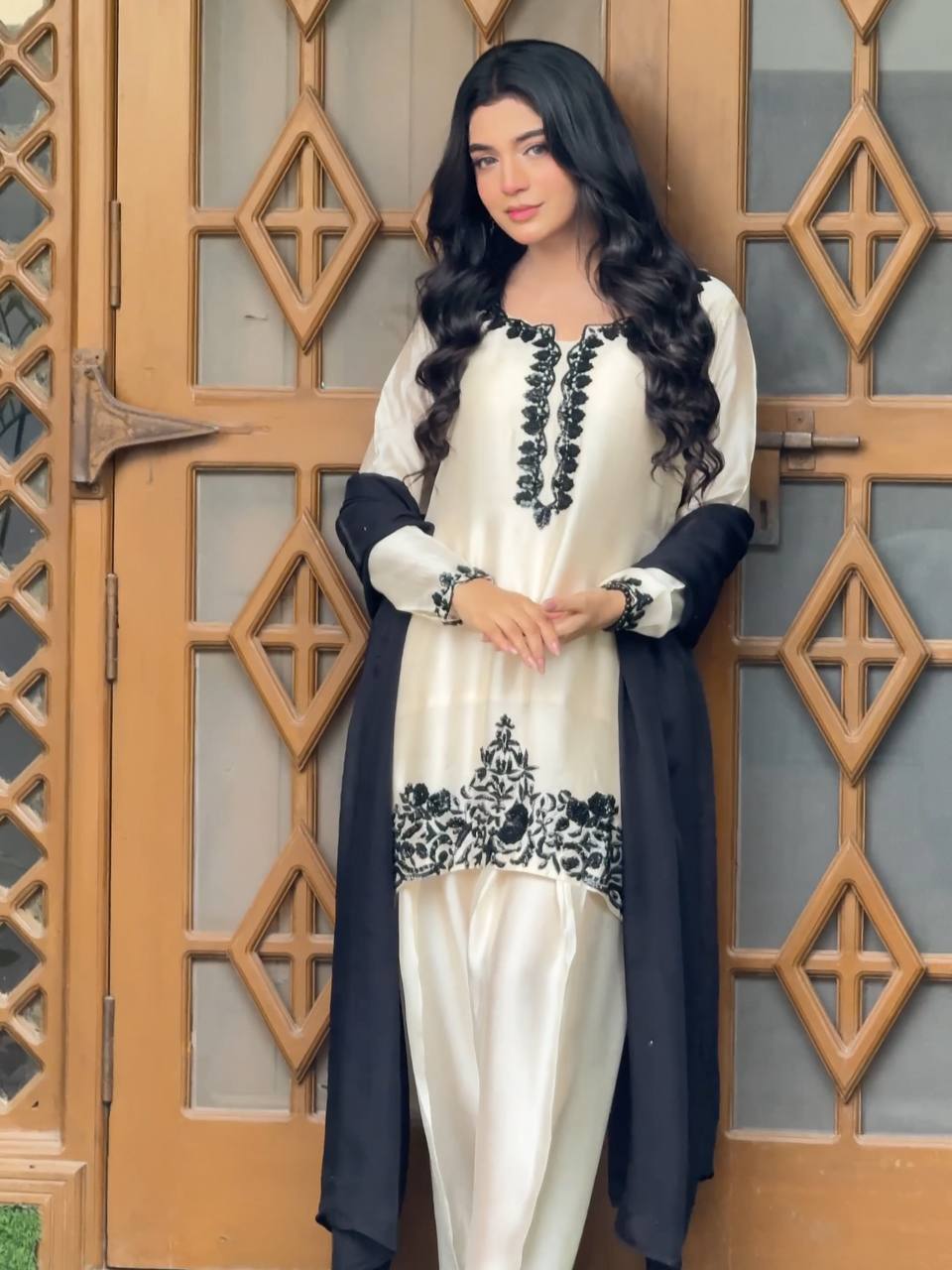 Meher Pakistani Farshi Shalwar Suit with French Crepe Embroidered Kurta & Chinon Dupatta