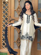 Meher Pakistani Farshi Shalwar Suit with French Crepe Embroidered Kurta & Chinon Dupatta