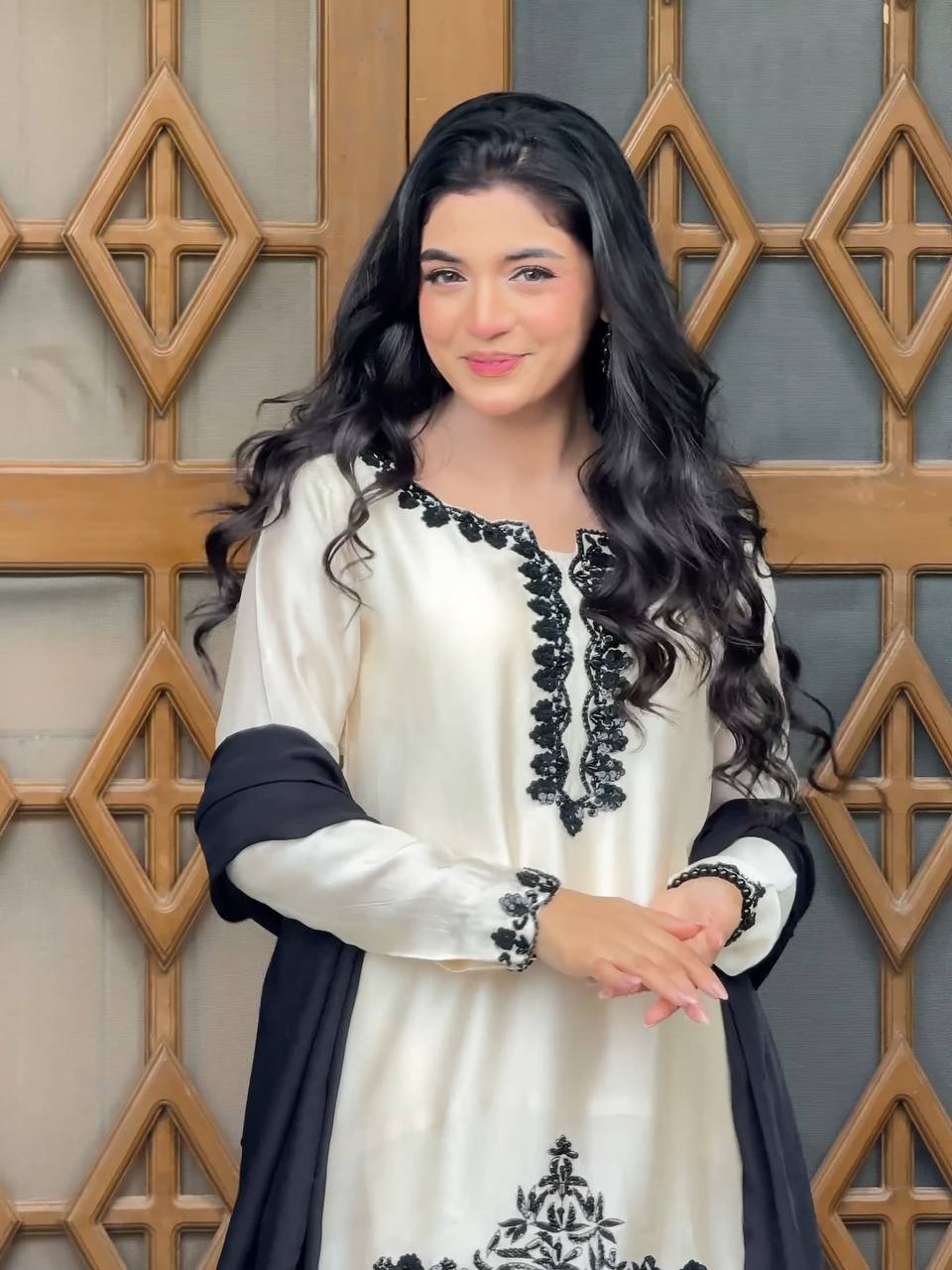 Meher Pakistani Farshi Shalwar Suit with French Crepe Embroidered Kurta & Chinon Dupatta