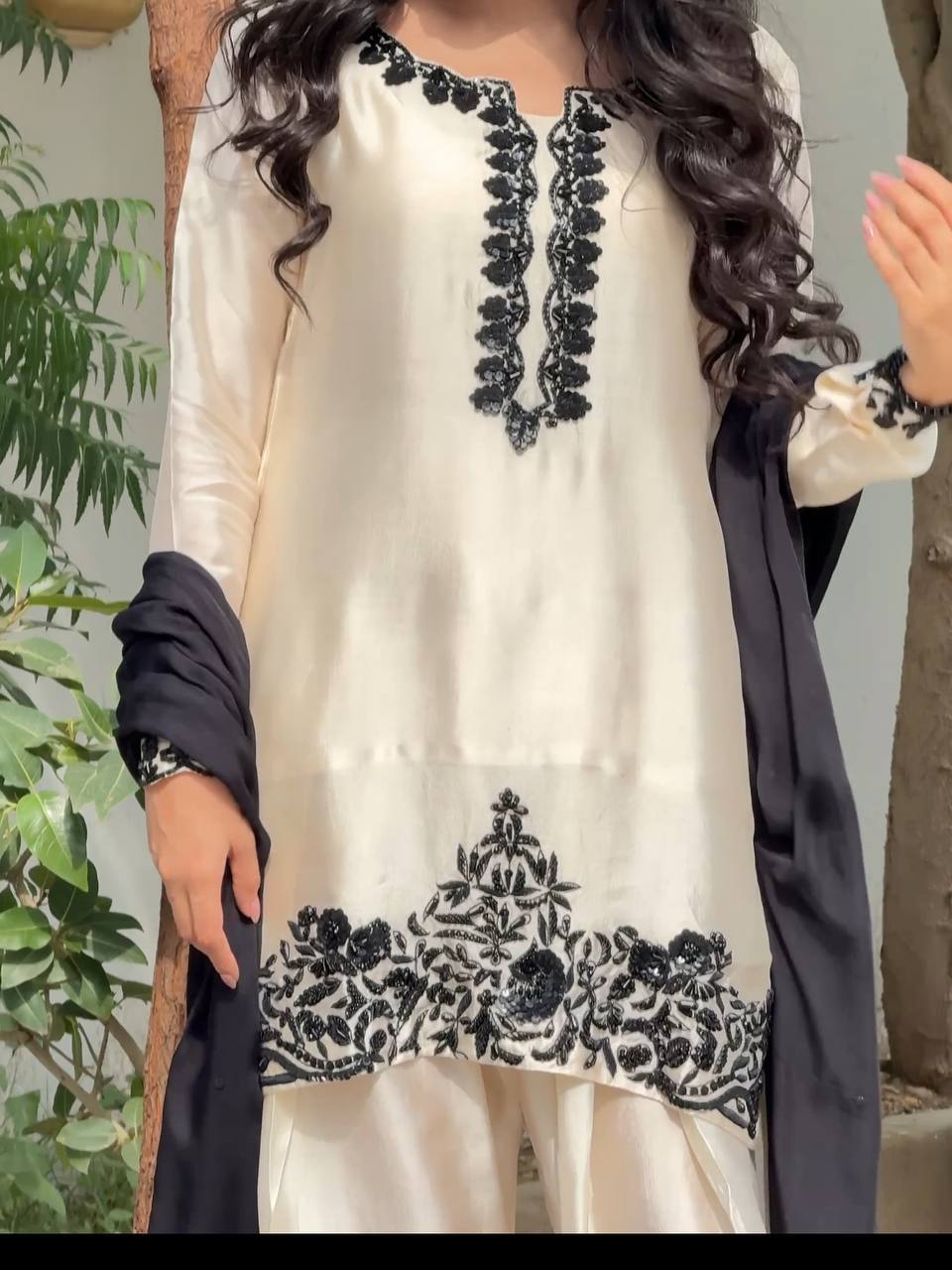Meher Pakistani Farshi Shalwar Suit with French Crepe Embroidered Kurta & Chinon Dupatta