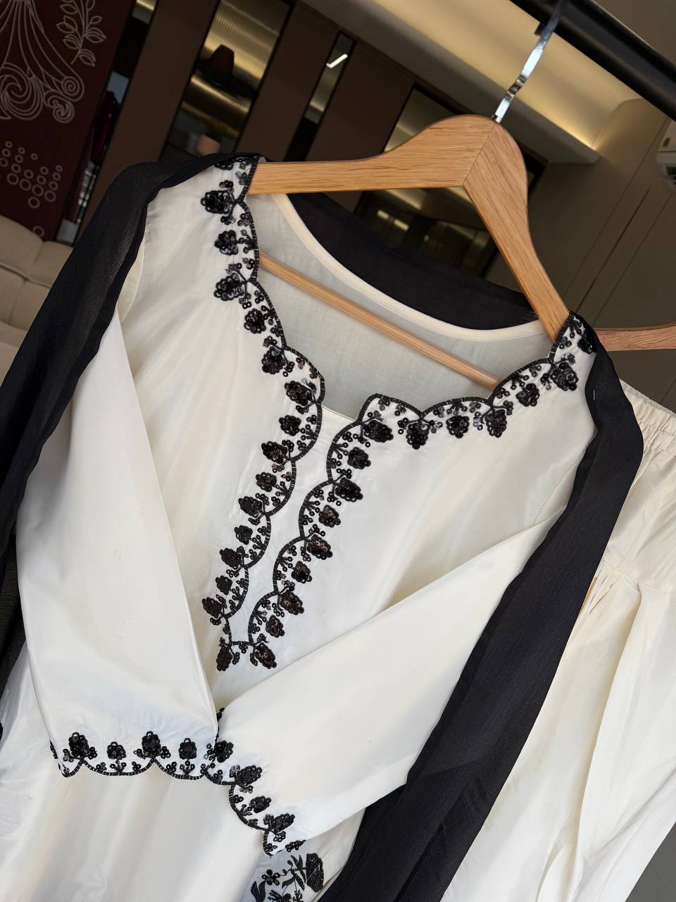 Meher Pakistani Farshi Shalwar Suit with French Crepe Embroidered Kurta & Chinon Dupatta