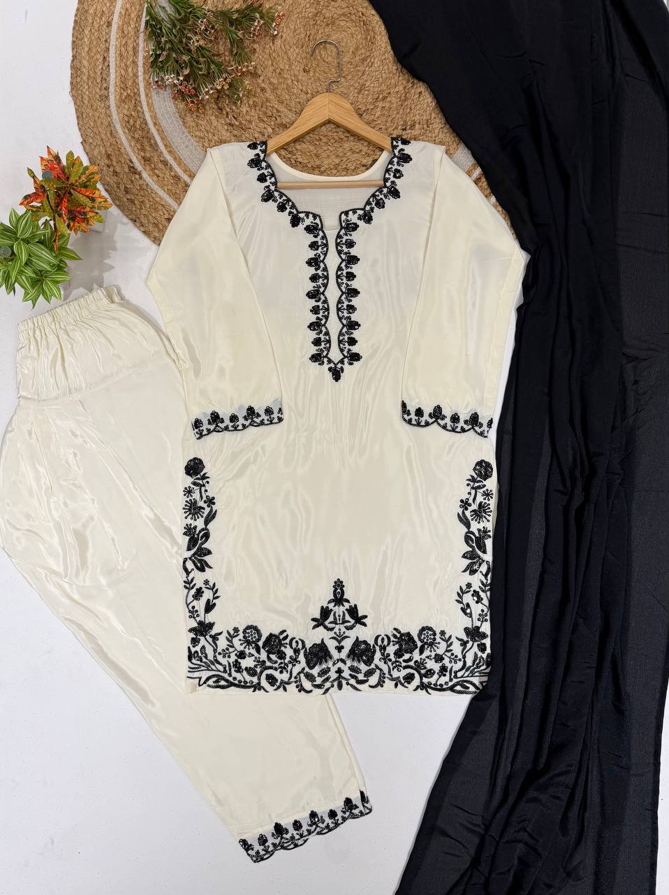 Meher Pakistani Farshi Shalwar Suit with French Crepe Embroidered Kurta & Chinon Dupatta