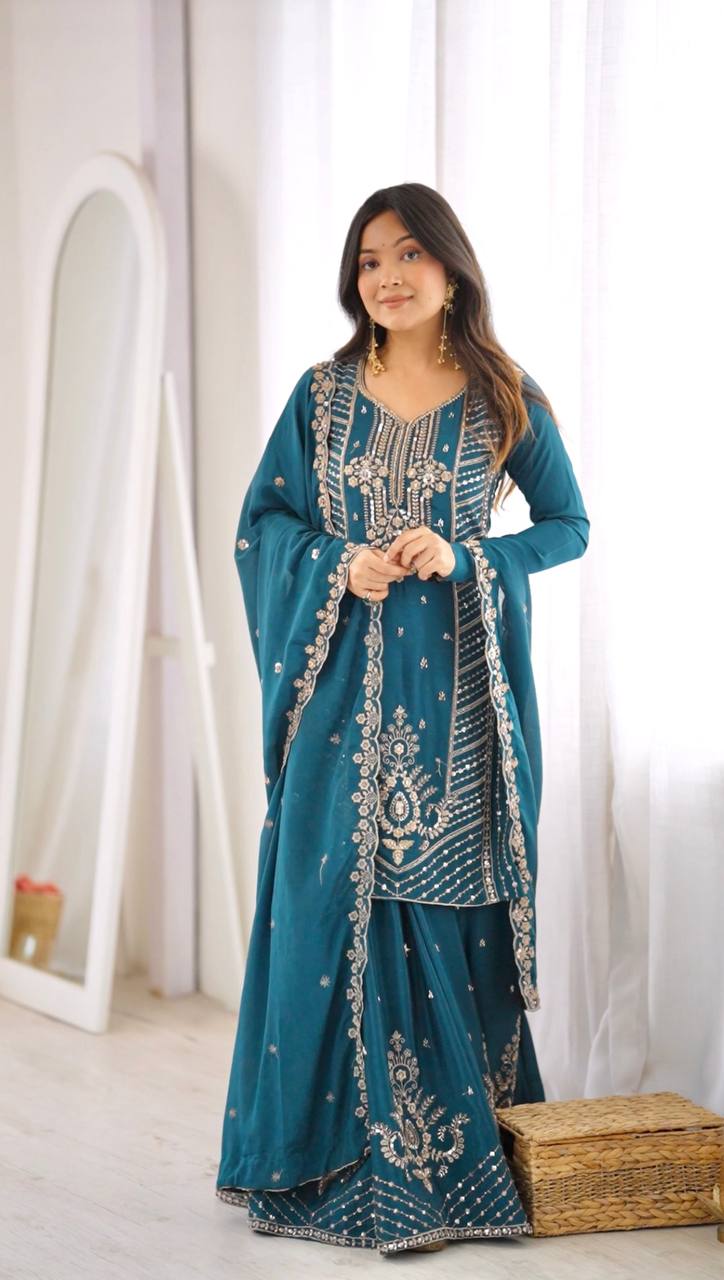 Naira Premium Chinon Silk Cut Dana Embroidered Palazzo Suit with Beaded Dupatta