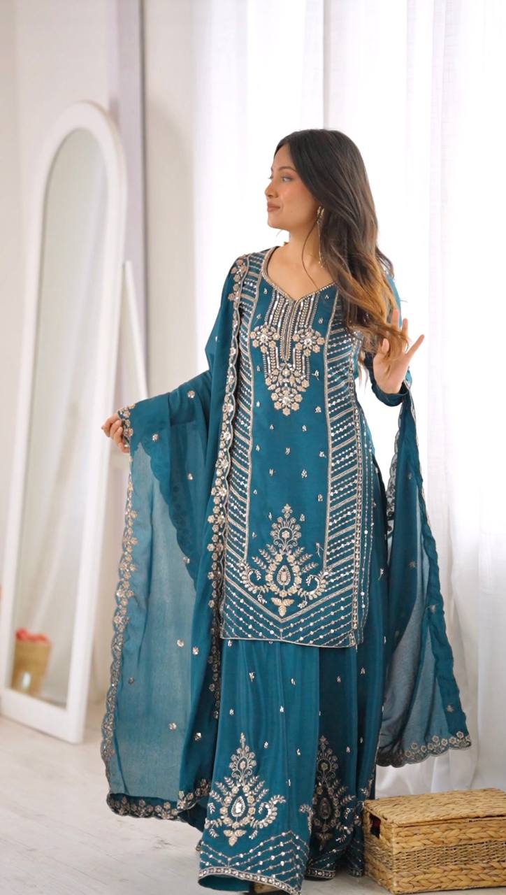Naira Premium Chinon Silk Cut Dana Embroidered Palazzo Suit with Beaded Dupatta