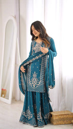 Naira Premium Chinon Silk Cut Dana Embroidered Palazzo Suit with Beaded Dupatta