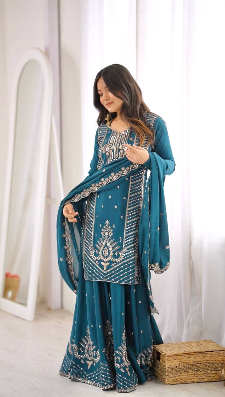 Naira Premium Chinon Silk Cut Dana Embroidered Palazzo Suit with Beaded Dupatta