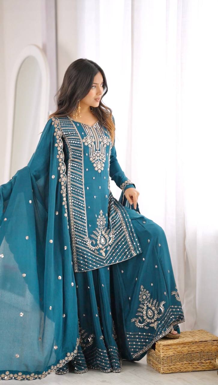 Naira Premium Chinon Silk Cut Dana Embroidered Palazzo Suit with Beaded Dupatta