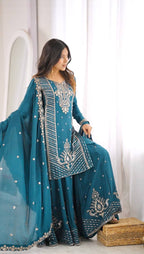Naira Premium Chinon Silk Cut Dana Embroidered Palazzo Suit with Beaded Dupatta