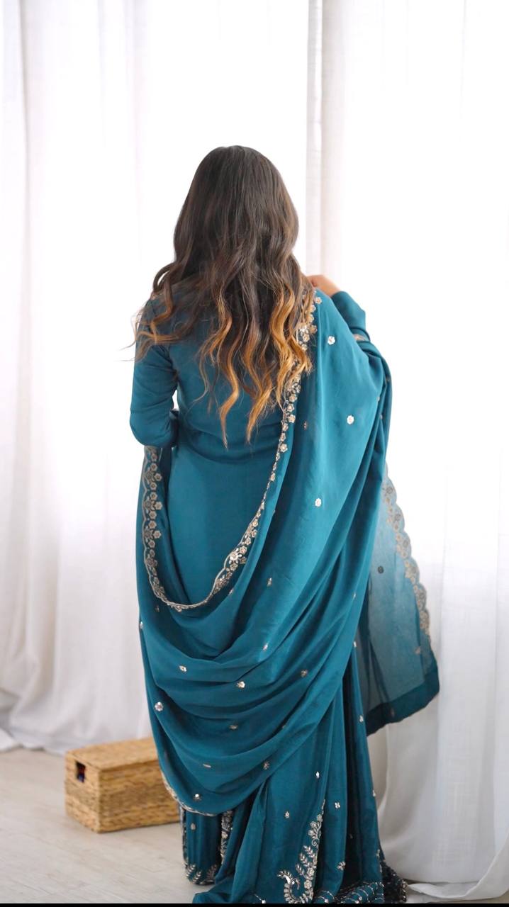 Naira Premium Chinon Silk Cut Dana Embroidered Palazzo Suit with Beaded Dupatta