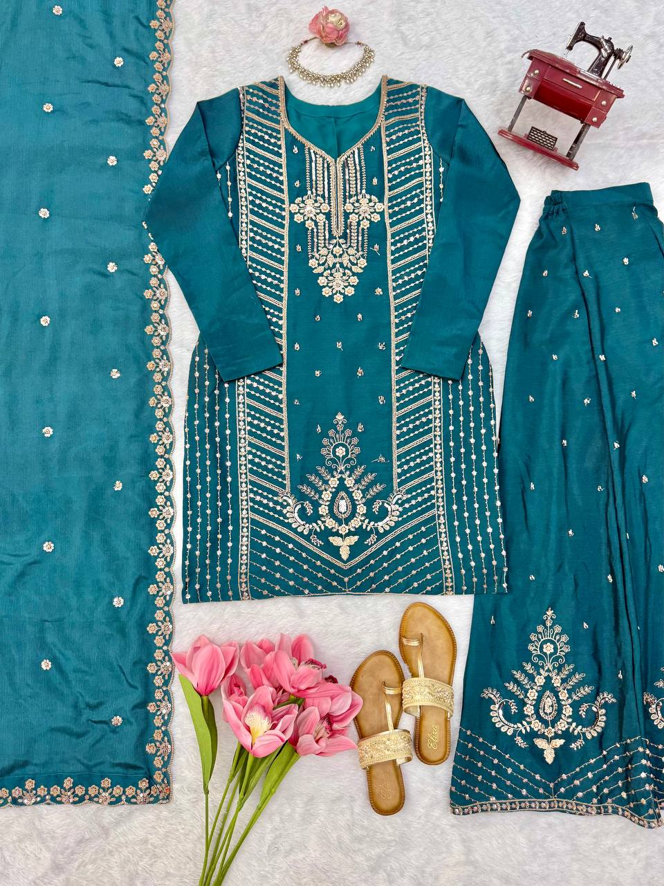 Naira Premium Chinon Silk Cut Dana Embroidered Palazzo Suit with Beaded Dupatta