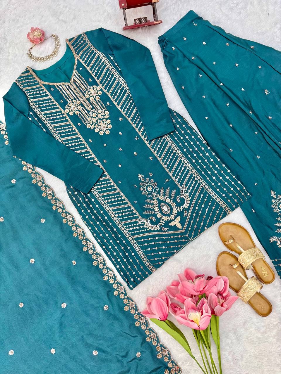 Naira Premium Chinon Silk Cut Dana Embroidered Palazzo Suit with Beaded Dupatta