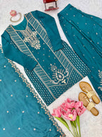 Naira Premium Chinon Silk Cut Dana Embroidered Palazzo Suit with Beaded Dupatta
