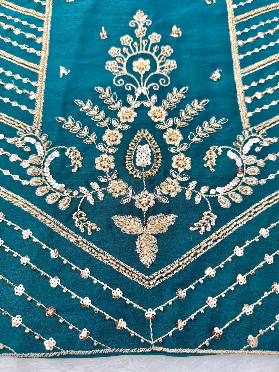 Naira Premium Chinon Silk Cut Dana Embroidered Palazzo Suit with Beaded Dupatta