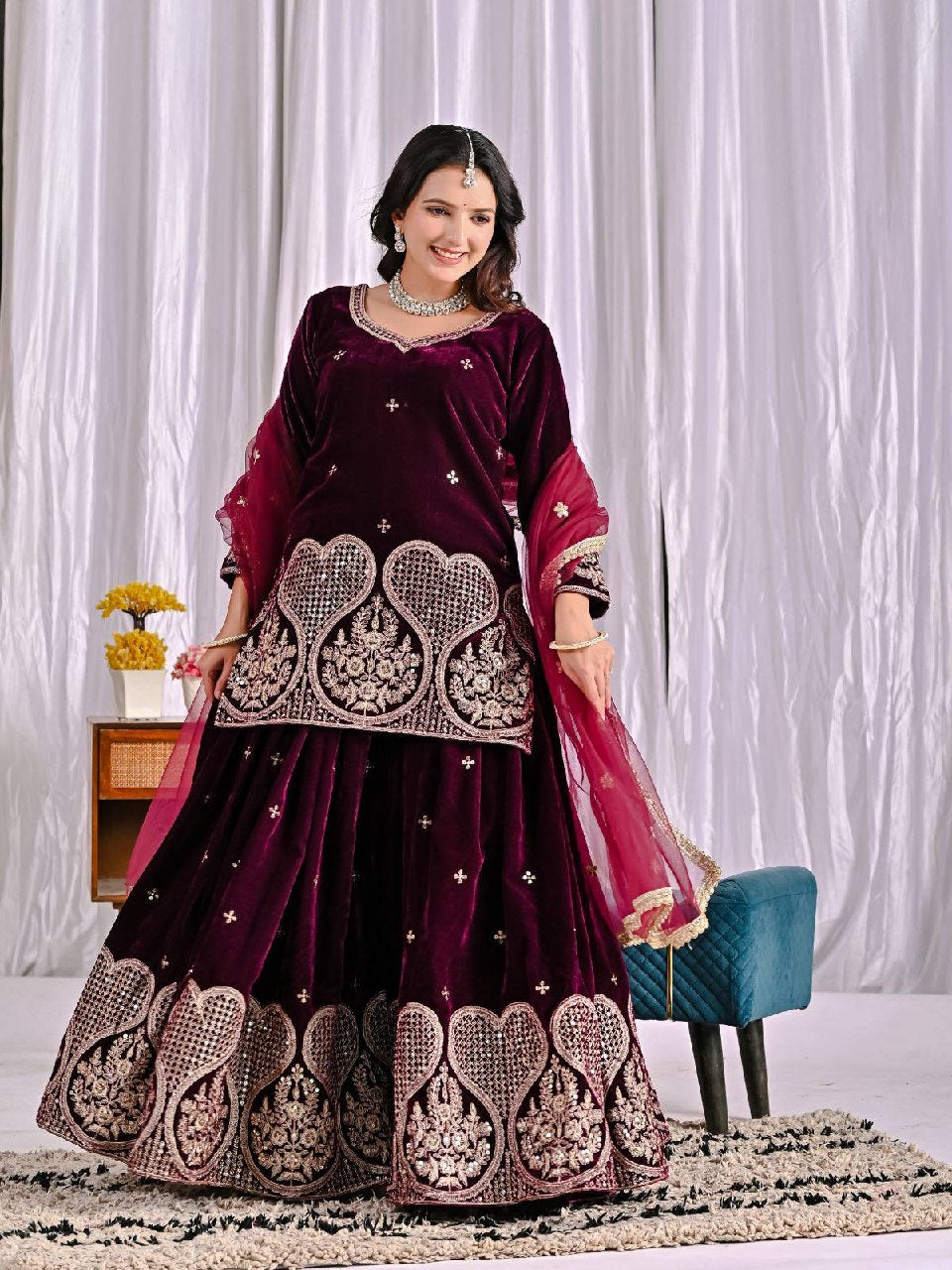 Inara Heavy Viscose Velvet Embroidered Sharara Palazzo Set with Sequin Work & Butterfly Net Dupatta