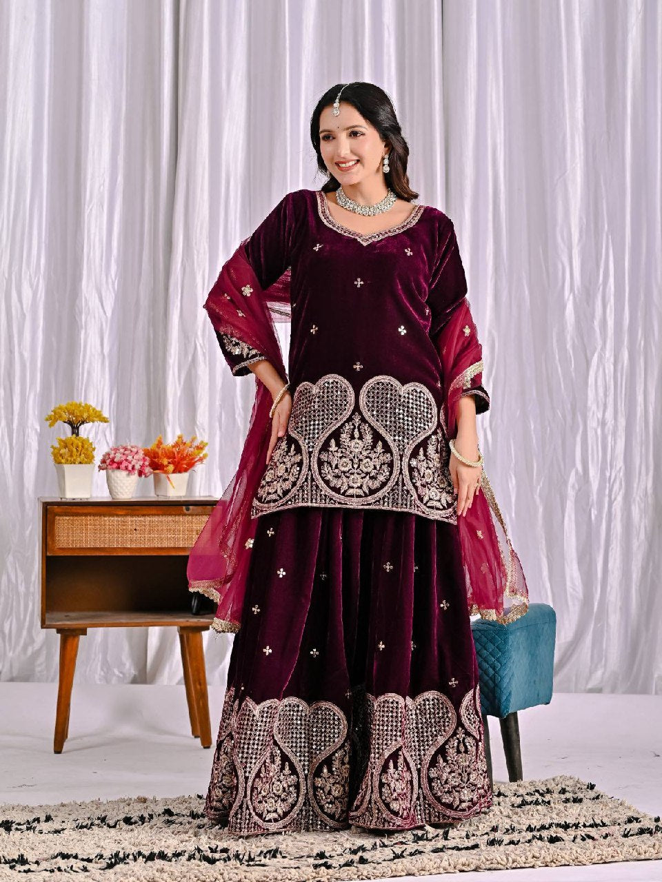 Inara Heavy Viscose Velvet Embroidered Sharara Palazzo Set with Sequin Work & Butterfly Net Dupatta
