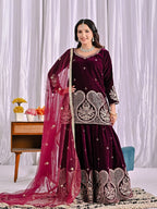 Inara Heavy Viscose Velvet Embroidered Sharara Palazzo Set with Sequin Work & Butterfly Net Dupatta