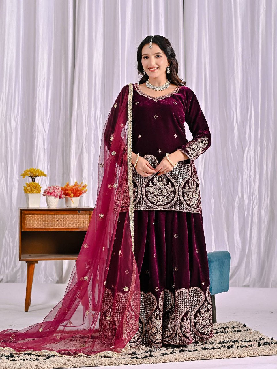 Inara Heavy Viscose Velvet Embroidered Sharara Palazzo Set with Sequin Work & Butterfly Net Dupatta