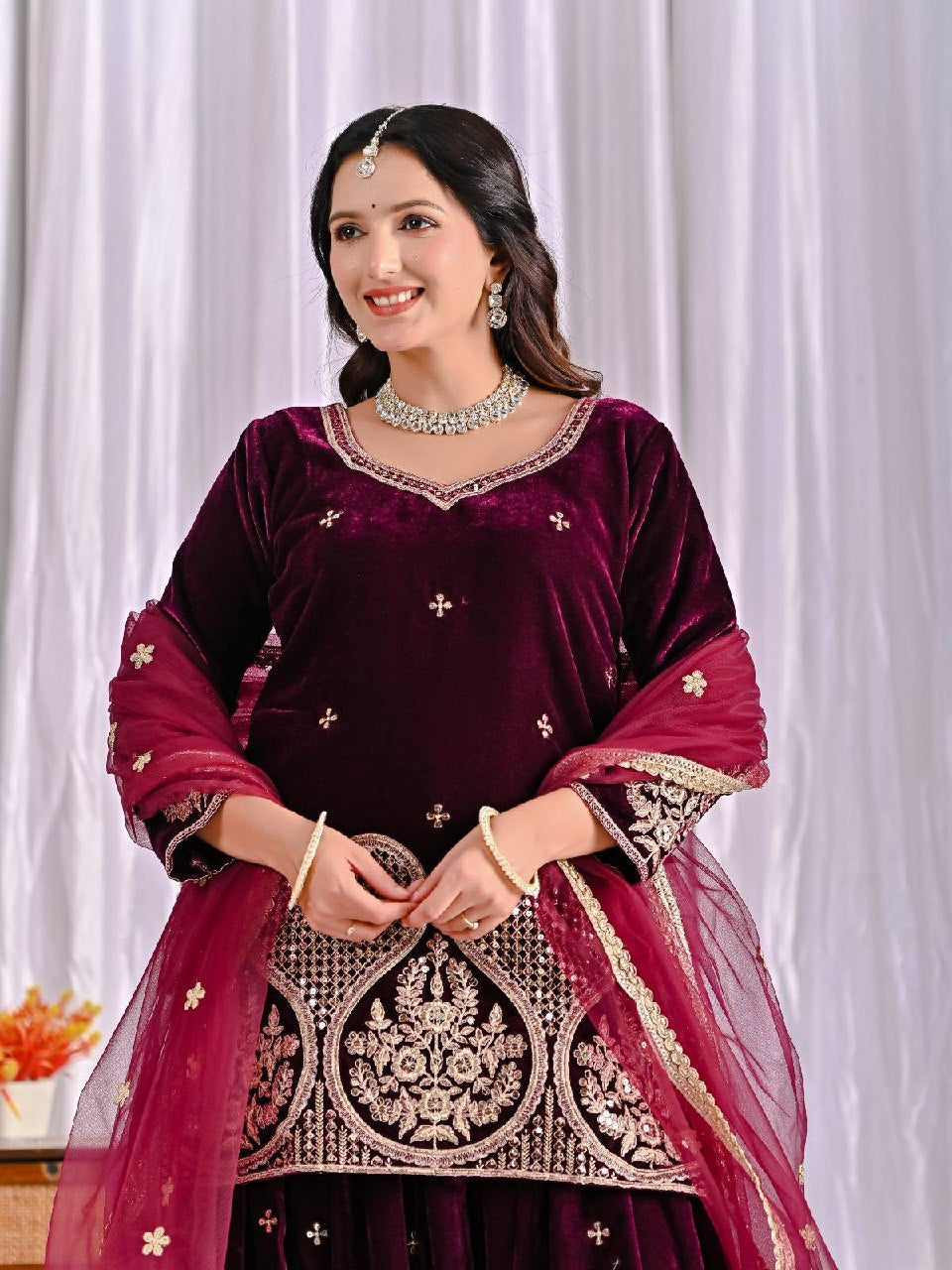 Inara Heavy Viscose Velvet Embroidered Sharara Palazzo Set with Sequin Work & Butterfly Net Dupatta