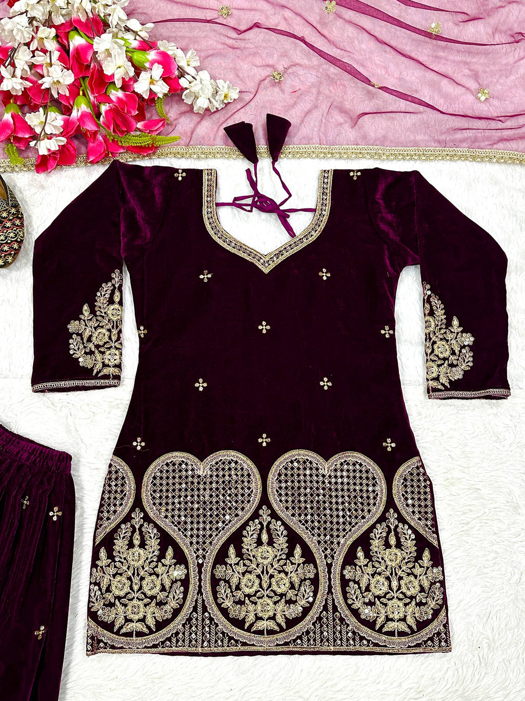 Inara Heavy Viscose Velvet Embroidered Sharara Palazzo Set with Sequin Work & Butterfly Net Dupatta