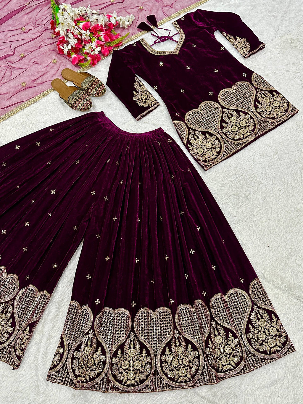 Inara Heavy Viscose Velvet Embroidered Sharara Palazzo Set with Sequin Work & Butterfly Net Dupatta