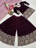 Inara Heavy Viscose Velvet Embroidered Sharara Palazzo Set with Sequin Work & Butterfly Net Dupatta