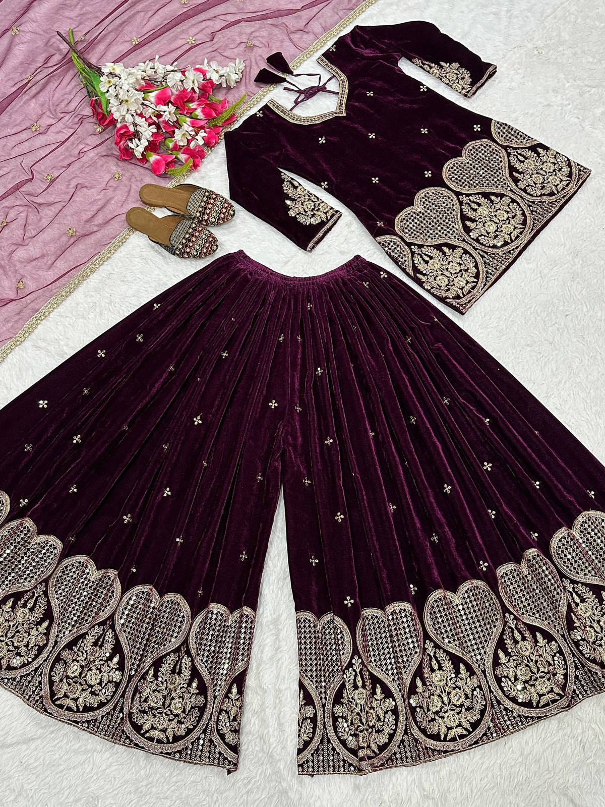 Inara Heavy Viscose Velvet Embroidered Sharara Palazzo Set with Sequin Work & Butterfly Net Dupatta
