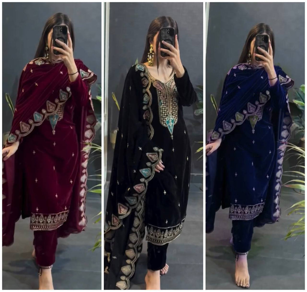 Myra Heavy Viscose Velvet Embroidered Palazzo Suit with Border Cutwork Dupatta