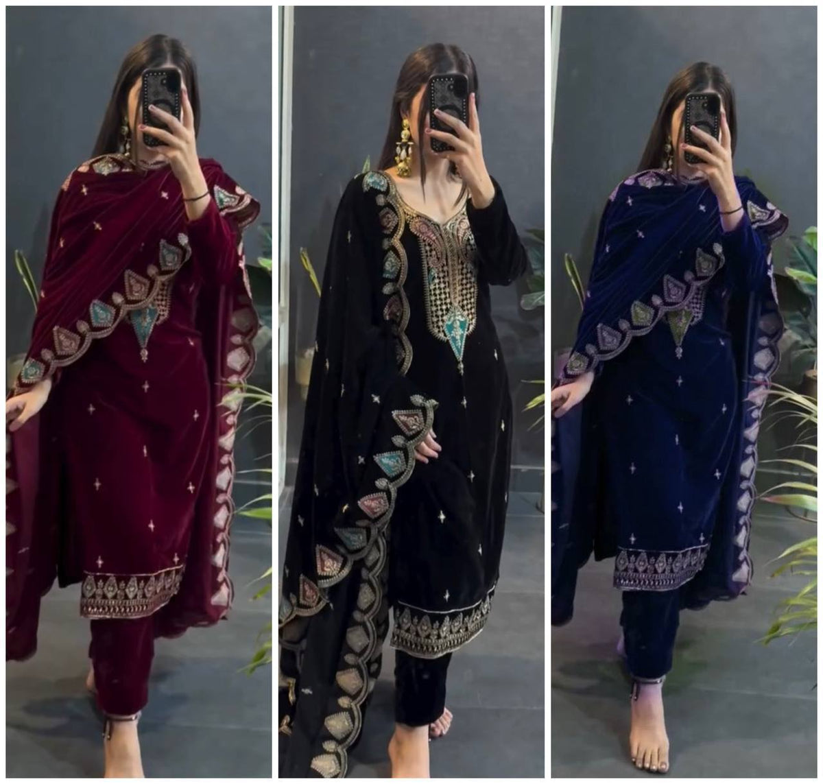 Myra Heavy Viscose Velvet Embroidered Palazzo Suit with Border Cutwork Dupatta