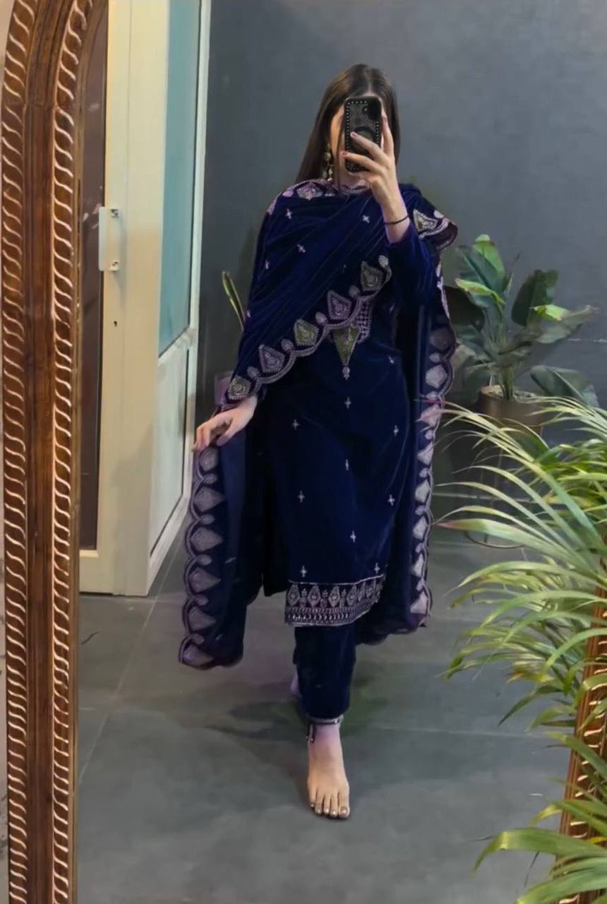Myra Heavy Viscose Velvet Embroidered Palazzo Suit with Border Cutwork Dupatta