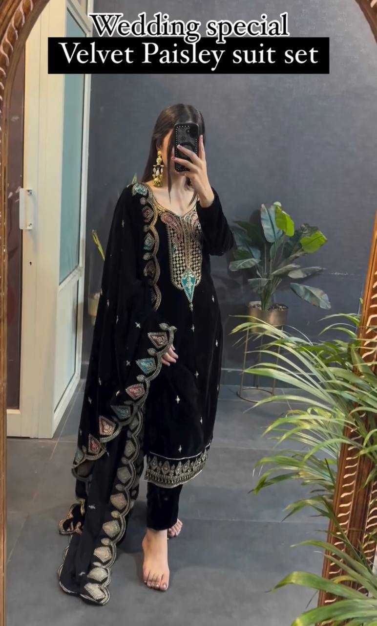 Myra Heavy Viscose Velvet Embroidered Palazzo Suit with Border Cutwork Dupatta