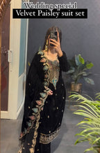 Myra Heavy Viscose Velvet Embroidered Palazzo Suit with Border Cutwork Dupatta