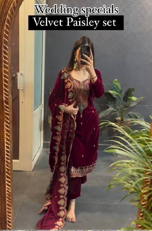 Myra Heavy Viscose Velvet Embroidered Palazzo Suit with Border Cutwork Dupatta