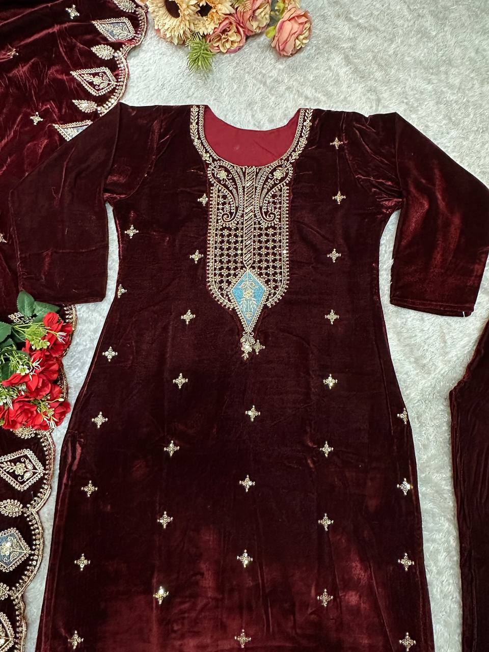 Myra Heavy Viscose Velvet Embroidered Palazzo Suit with Border Cutwork Dupatta