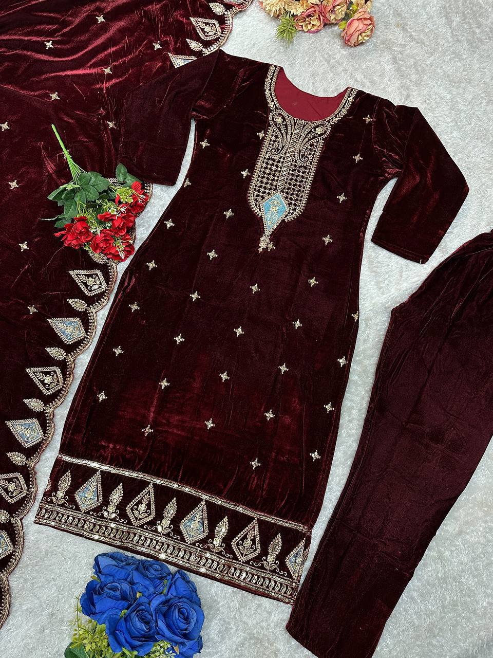 Myra Heavy Viscose Velvet Embroidered Palazzo Suit with Border Cutwork Dupatta