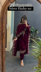 Myra Heavy Viscose Velvet Embroidered Palazzo Suit with Border Cutwork Dupatta