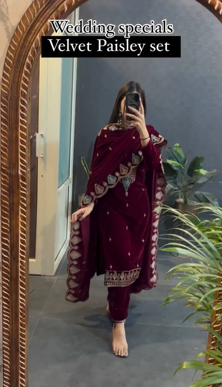 Myra Heavy Viscose Velvet Embroidered Palazzo Suit with Border Cutwork Dupatta