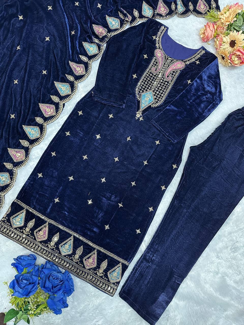 Myra Heavy Viscose Velvet Embroidered Palazzo Suit with Border Cutwork Dupatta