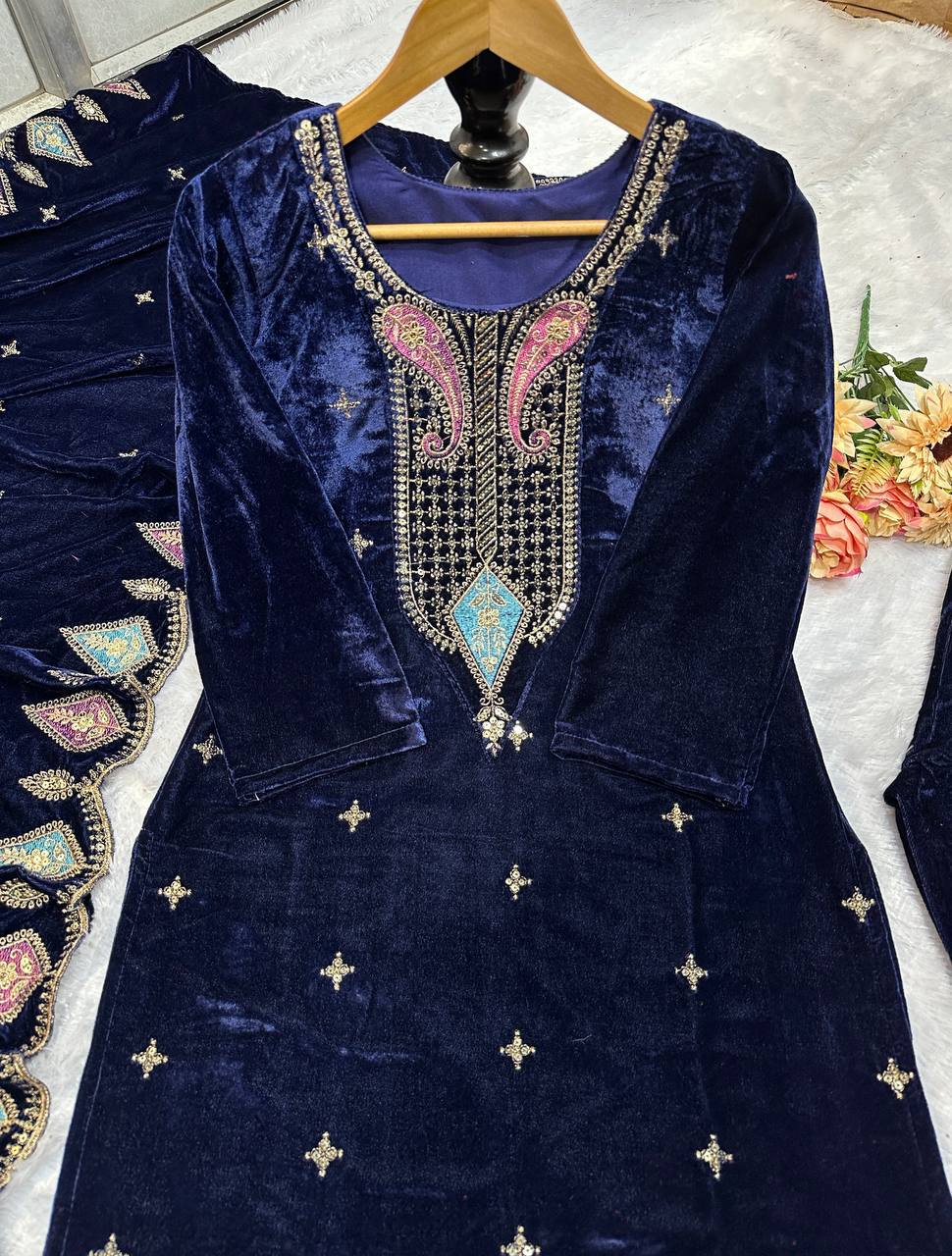 Myra Heavy Viscose Velvet Embroidered Palazzo Suit with Border Cutwork Dupatta