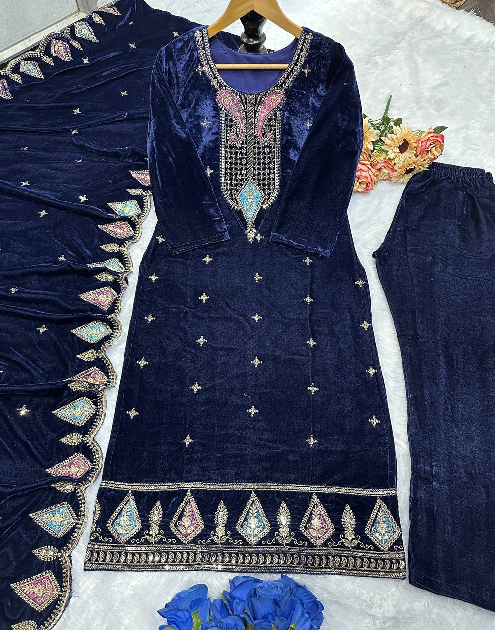 Myra Heavy Viscose Velvet Embroidered Palazzo Suit with Border Cutwork Dupatta