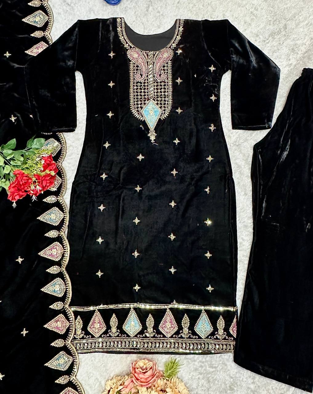 Myra Heavy Viscose Velvet Embroidered Palazzo Suit with Border Cutwork Dupatta