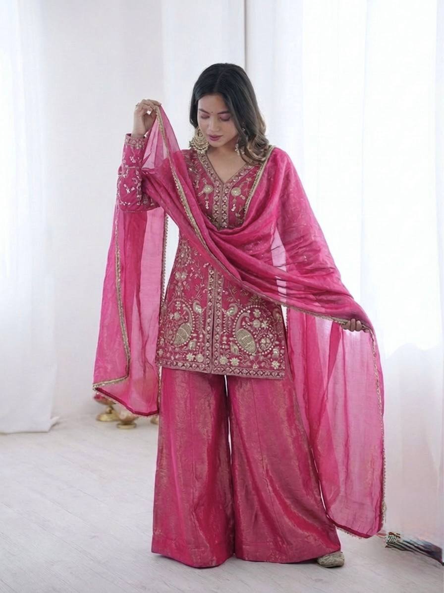 Pure Fendy Silk Palazzo Set with Heavy Embroidery Sequence Work