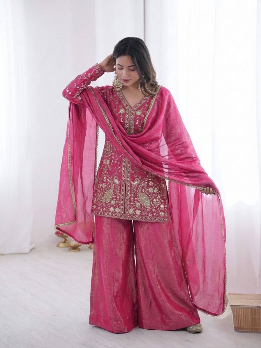 Pure Fendy Silk Palazzo Set with Heavy Embroidery Sequence Work
