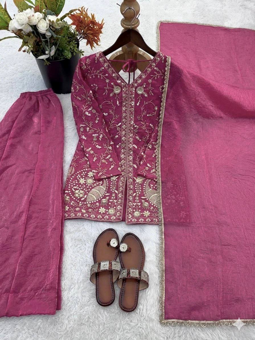 Pure Fendy Silk Palazzo Set with Heavy Embroidery Sequence Work