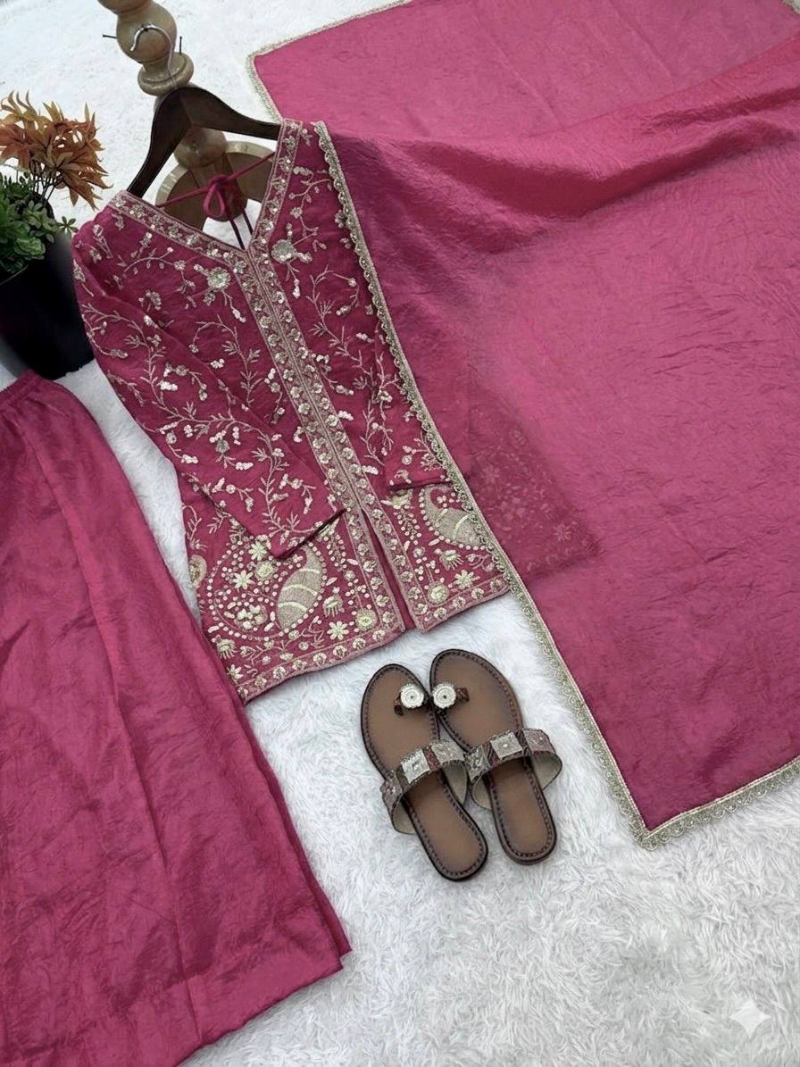 Pure Fendy Silk Palazzo Set with Heavy Embroidery Sequence Work