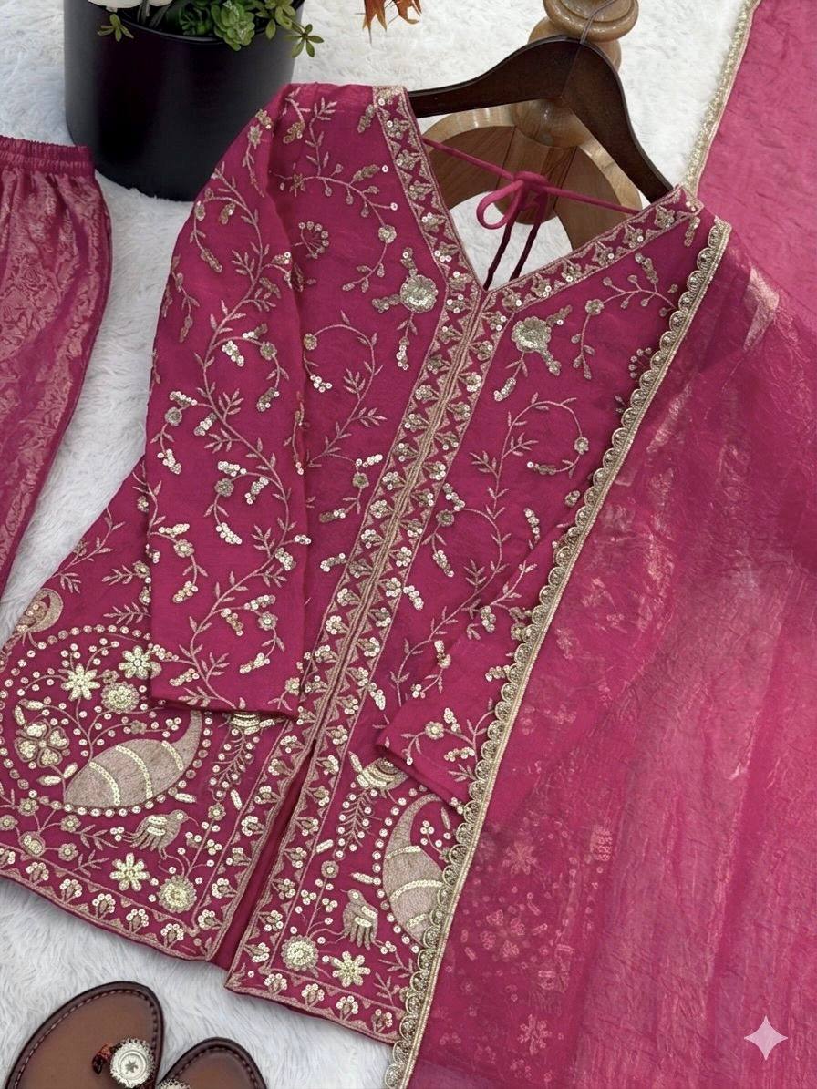 Pure Fendy Silk Palazzo Set with Heavy Embroidery Sequence Work