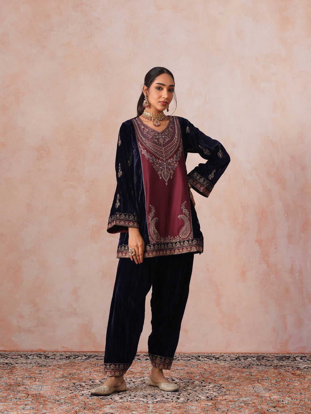 Mahveen Velvet Embroidered Suit Set with Cording Sequin Work, Salwar & Rangoli Dupatta