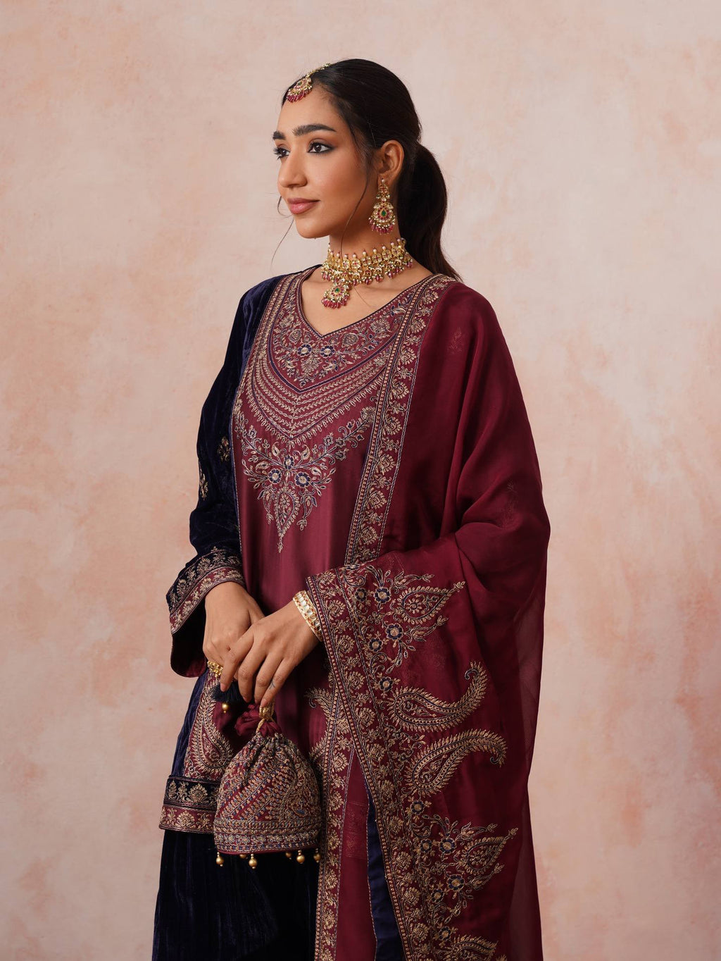 Mahveen Velvet Embroidered Suit Set with Cording Sequin Work, Salwar & Rangoli Dupatta